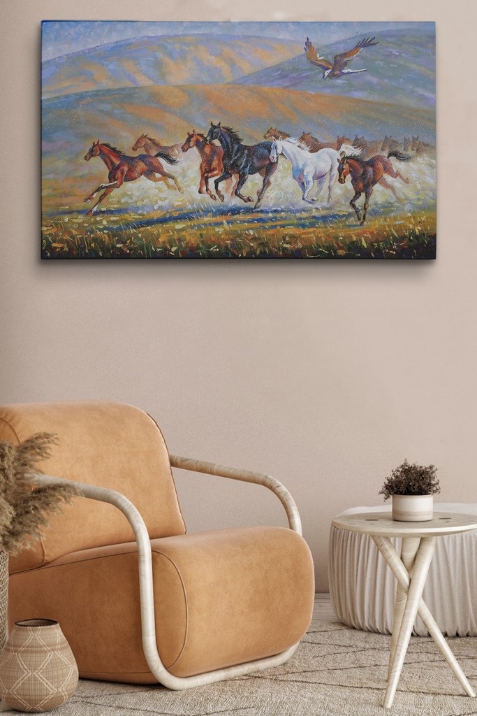 At Sürüsü Ve Kartal Yağlıboya Görünüm Dekoratif Kanvas Duvar Tablosu Karışık 125 X 70