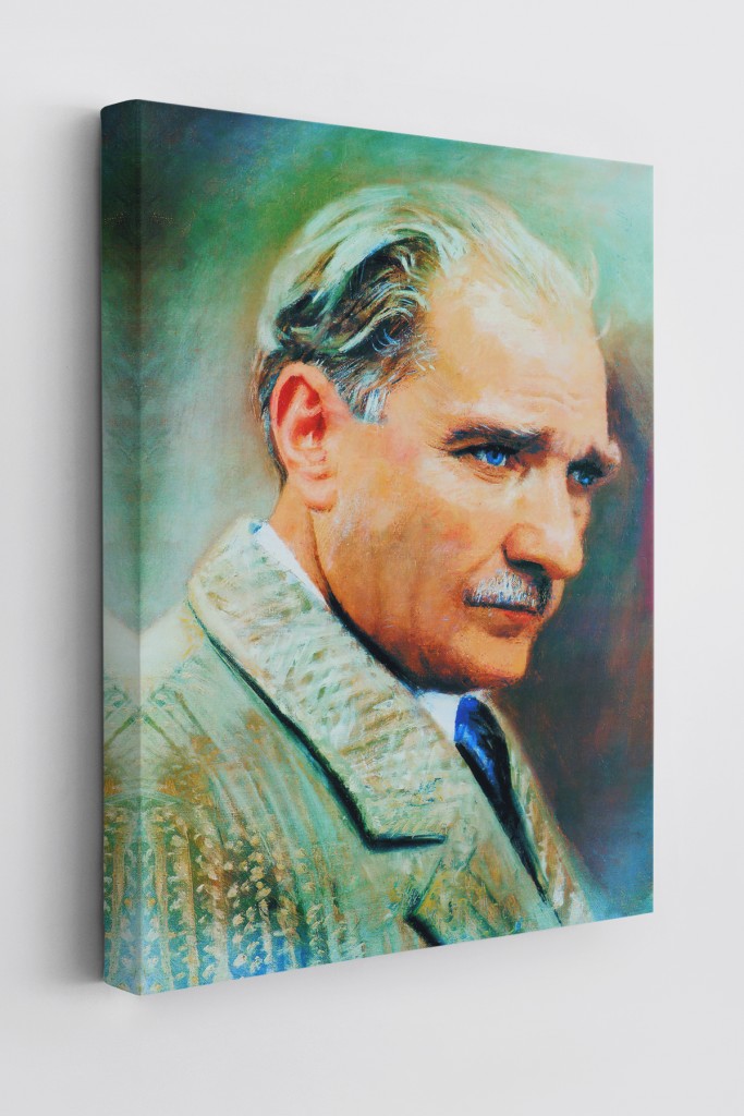 Atatürk Portre Tablosu Mustafa Kemal Atatürk Dikdörtgen Dekoratif Kanvas Tablo Yeşil 35 X 50