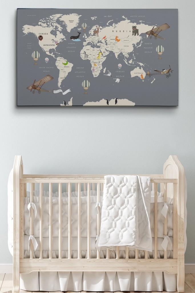 Çocuk Odası İçin Dekoratif Dünya Haritası Kanvas Duvar Tablosu Karışık 150 X 85