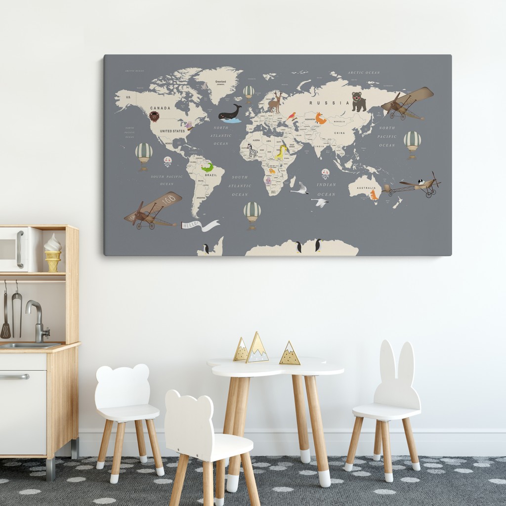Çocuk Odası İçin Dekoratif Dünya Haritası Kanvas Tablo ( Üç Parça ) Beyaz 80 X 120