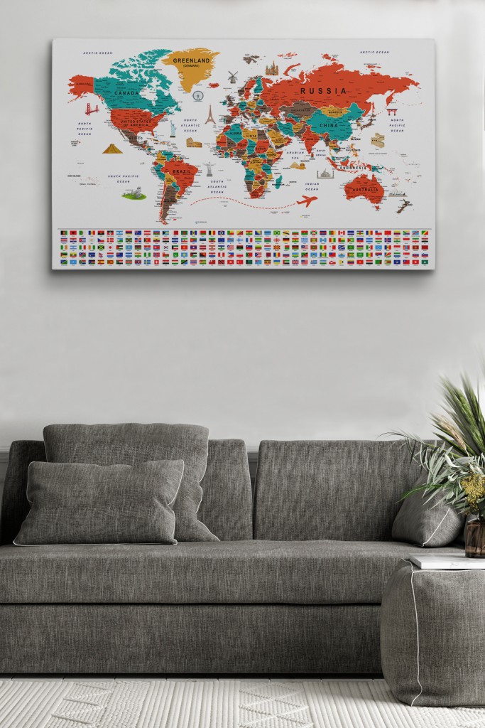 Dünya Haritası Ayrıntılı Eğitici-Öğretici Sembollü Bayraklı Dekoratif Kanvas Tablo 2843 Karışık 125 X 70