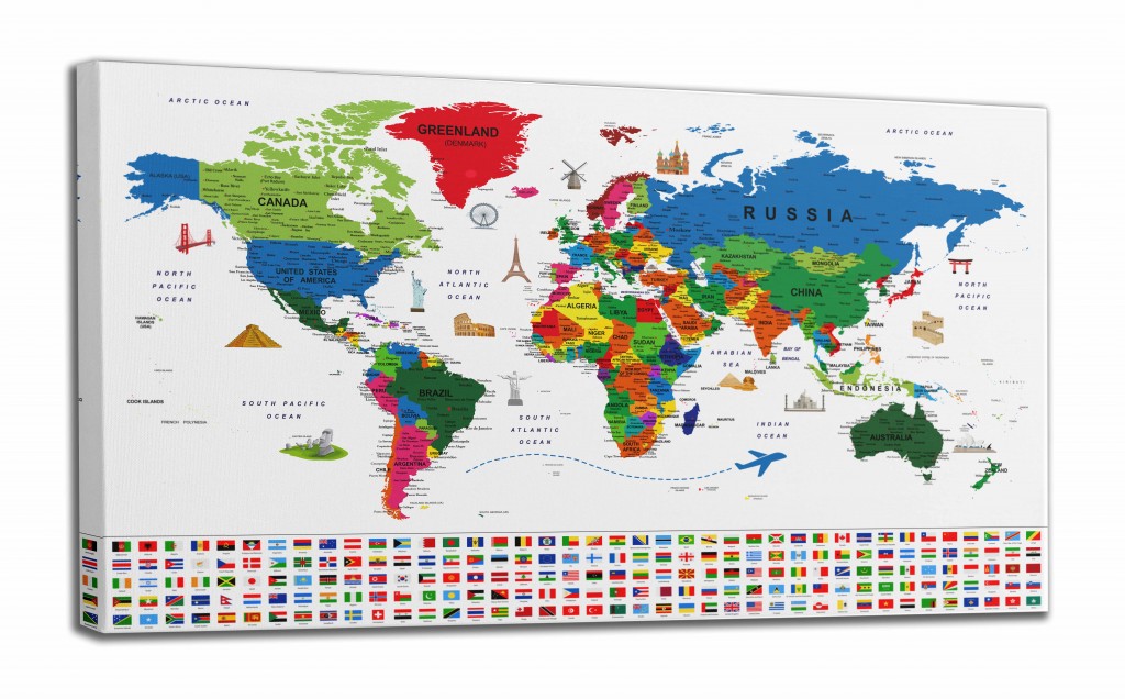 Dünya Haritası Ayrıntılı Eğitici-Öğretici Sembollü Bayraklı Dekoratif Kanvas Tablo 2881 Karışık 95 X 55