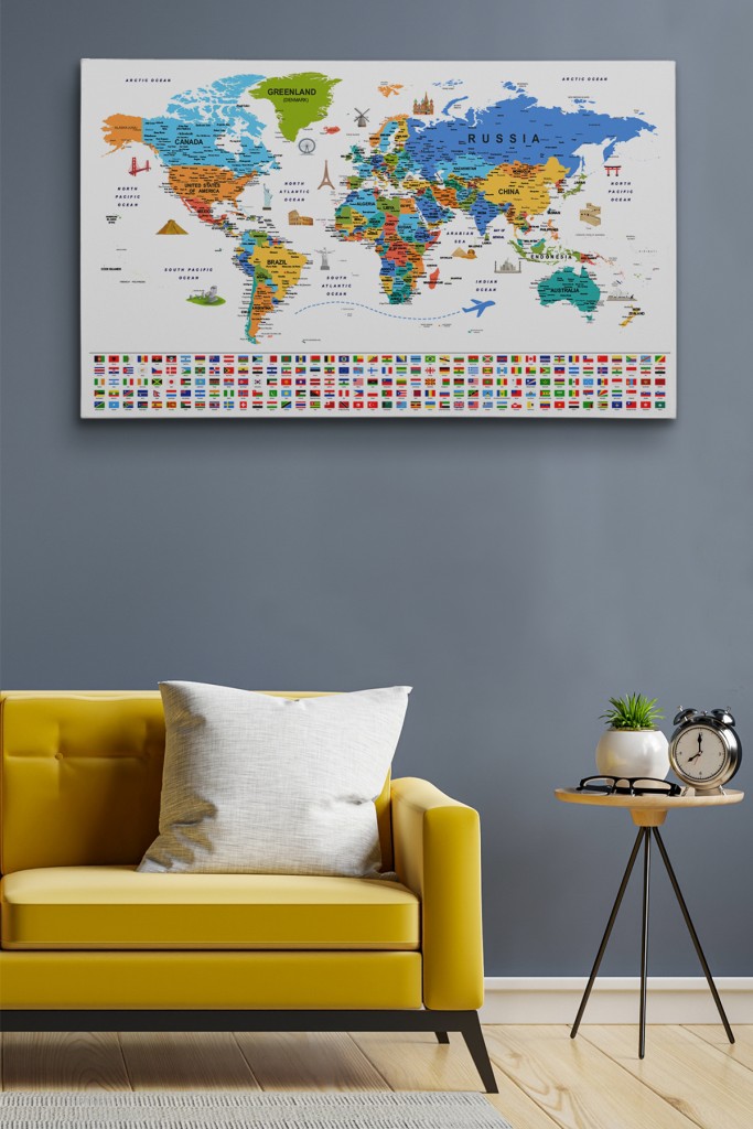 Dünya Haritası Ayrıntılı Eğitici-Öğretici Sembollü Bayraklı Dekoratif Kanvas Tablo 2885 Karışık 125 X 70