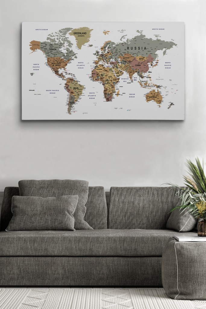 Dünya Haritası Dekoratif Kanvas Tablo Son Derece Detaylı Ve Eğitici 1598 Karışık 95 X 55
