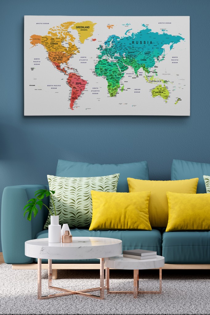 Dünya Haritası Dekoratif Kanvas Tablo Son Derece Detaylı Ve Eğitici 1602 Karışık 125 X 70