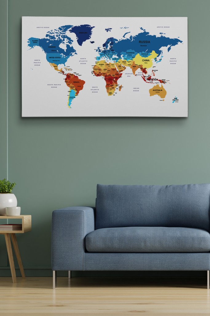  Dünya Haritası Dekoratif Kanvas Tablo Ülke Ve Başkentli 1493 Karışık 125 X 70