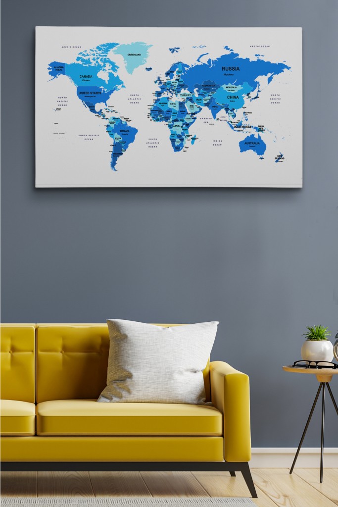  Dünya Haritası Dekoratif Kanvas Tablo Ülke Ve Başkentli  1501 Karışık 95 X 55