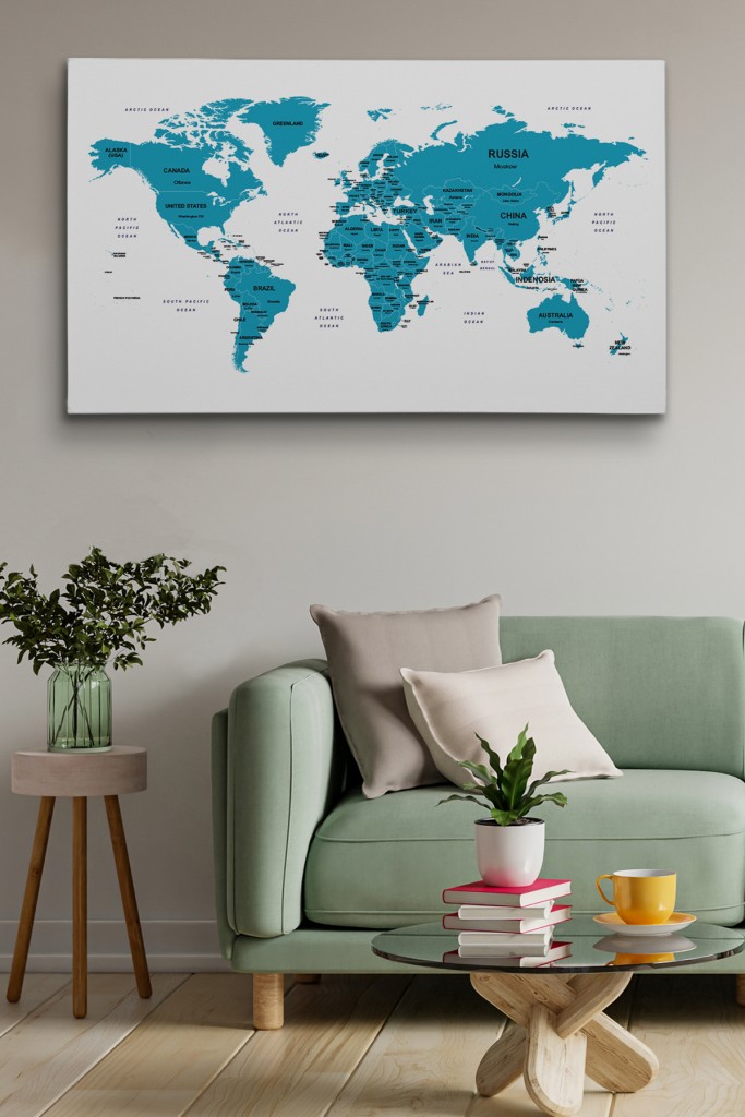 Dünya Haritası Dekoratif Kanvas Tablo Ülke Ve Başkentli  1503 Karışık 125 X 70