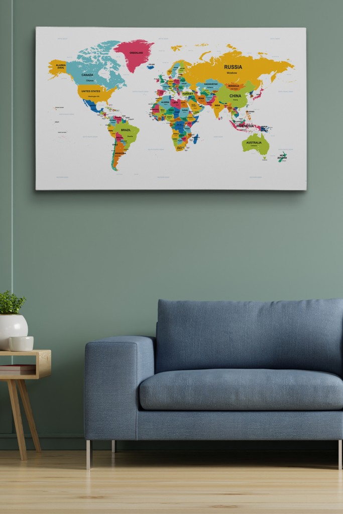 Dünya Haritası Dekoratif Kanvas Tablo Ülke Ve Başkentli 1543 Karışık 125 X 70