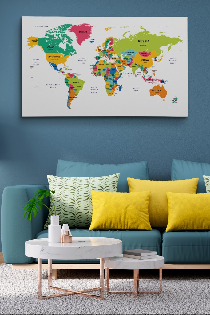 Dünya Haritası Dekoratif Kanvas Tablo Ülke Ve Başkentli 1545 Karışık 95 X 55