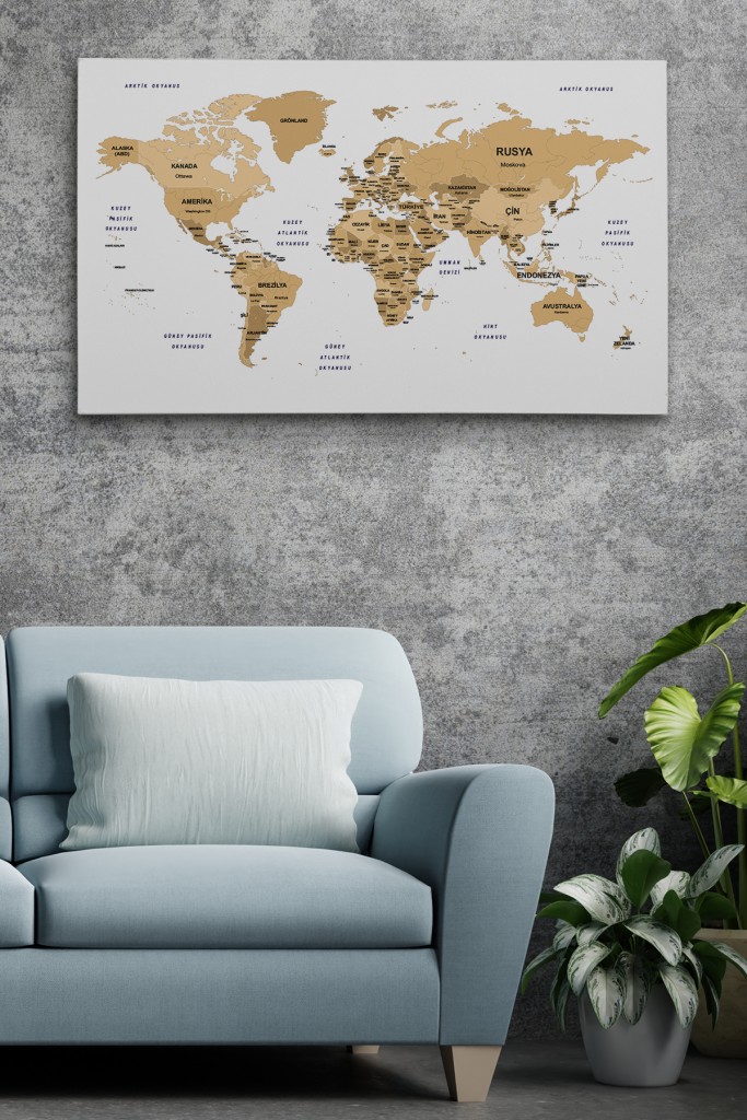 Dünya Haritası Dekoratif Kanvas Tablo Ülke Ve Başkentli 1549 Karışık 125 X 70