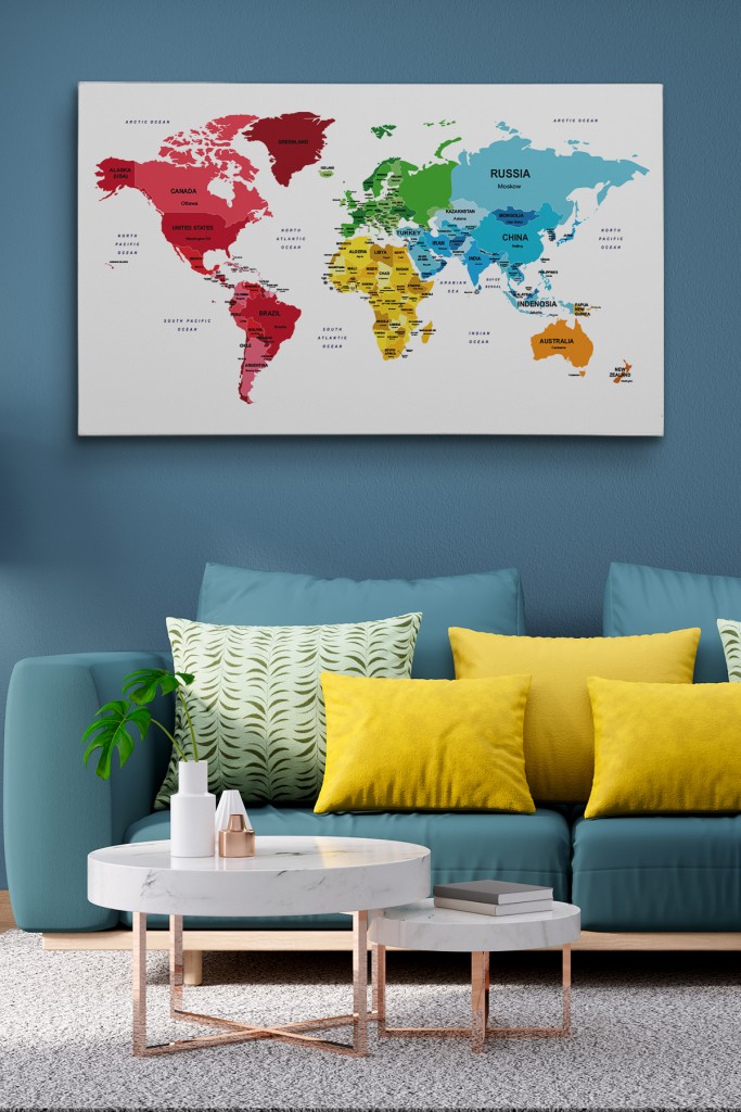 Dünya Haritası Dekoratif Kanvas Tablo Ülke Ve Başkentli 1553 Karışık 125 X 70