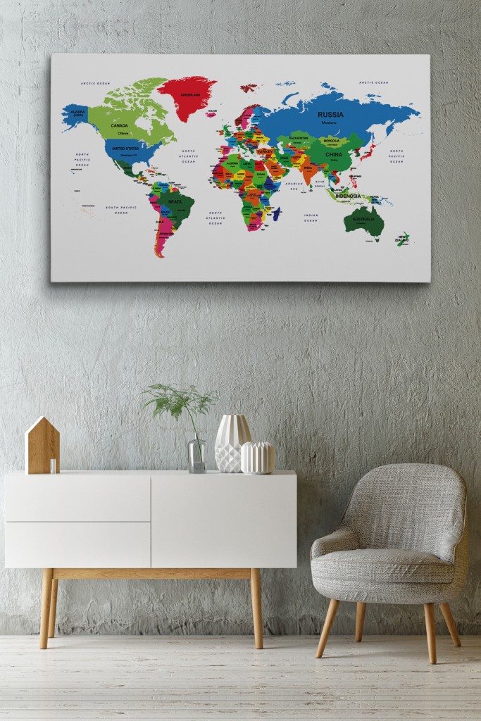 Dünya Haritası Dekoratif Kanvas Tablo Ülke Ve Başkentli 1557 Karışık 125 X 70
