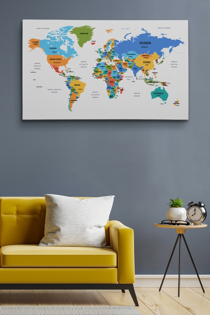 Dünya Haritası Dekoratif Kanvas Tablo Ülke Ve Başkentli 1561 Karışık 125 X 70
