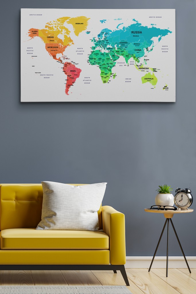 Dünya Haritası Dekoratif Kanvas Tablo Ülke Ve Başkentli 1563 Karışık 125 X 70