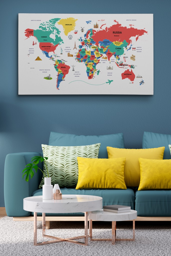  Dünya Haritası Dekoratif Kanvas Tablo Ülke Ve Başkentli Öğretici Ve Sembollü 2315 Karışık 125 X 70