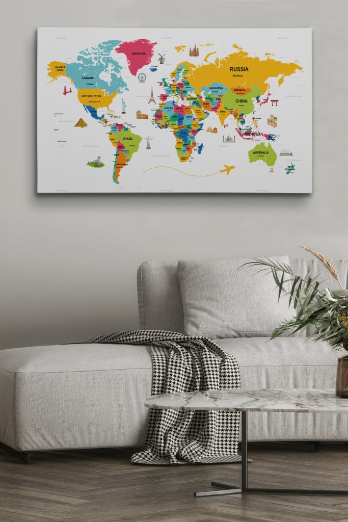  Dünya Haritası Dekoratif Kanvas Tablo Ülke Ve Başkentli Öğretici Ve Sembollü 2317 Karışık 125 X 70