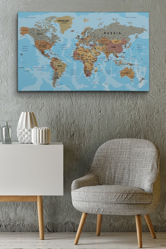 Dünya Haritası Kanvas Tablo Çok Ayrıntılı Dekoratif Ve Okyanuslu 2183 Karışık 125 X 70