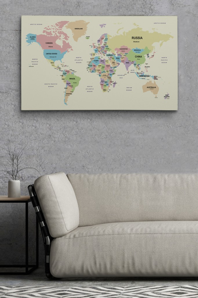Dünya Haritası Kanvas Tablo  Ülke Başkent Detaylı Ve Dekoratif 2603 Karışık 125 X 70