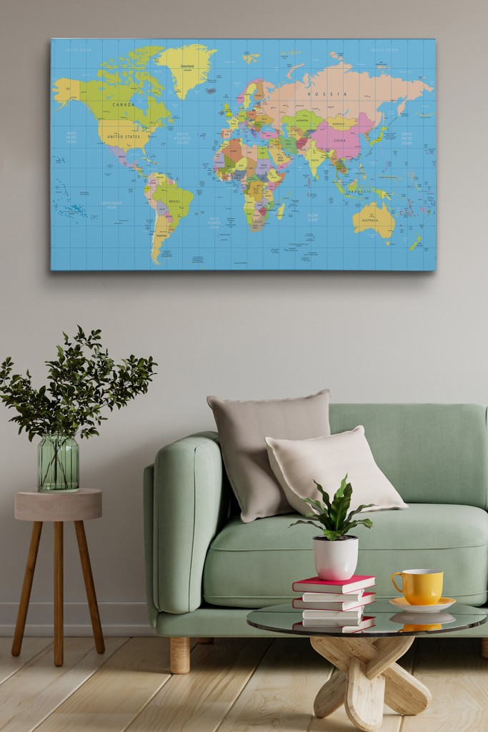 Dünya Haritası Meridyenli  Dekoratif Kanvas Tablo 1068 Karışık 125 X 70