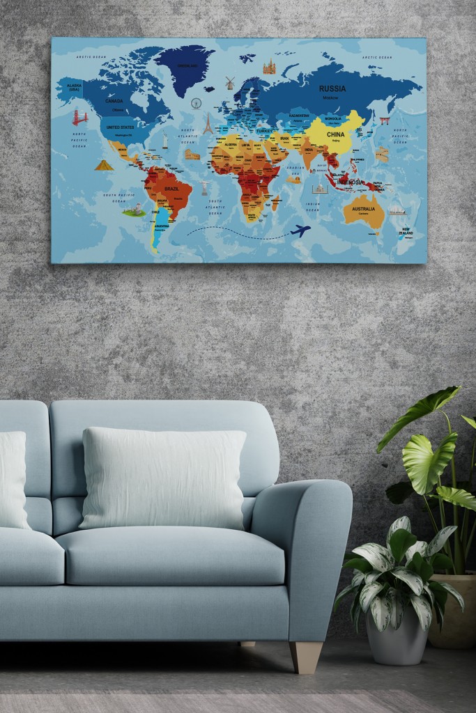Dünya Haritası Sembollü Ve Okyanuslu Dekoratif Kanvas Tablo 2423 Karışık 95 X 55