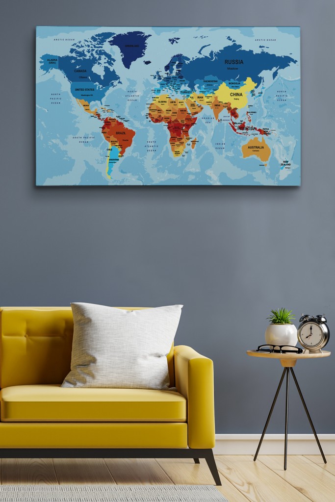 Dünya Haritası Ülke Başkentli Okyanuslu Ve Dekoratif Kanvas Tablo 2195 Karışık 150 X 85