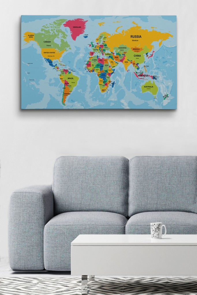 Dünya Haritası Ülke Başkentli Okyanuslu Ve Dekoratif Kanvas Tablo 2243 Karışık 125 X 70