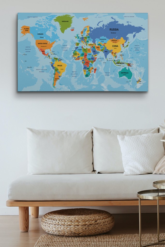Dünya Haritası Ülke Başkentli Okyanuslu Ve Dekoratif Kanvas Tablo 2261 Karışık 150 X 85