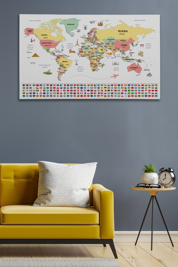 Dünya Haritası Ülke Bayraklı Ve Başkentli Kanvas Tablo 1945 Karışık 125 X 70