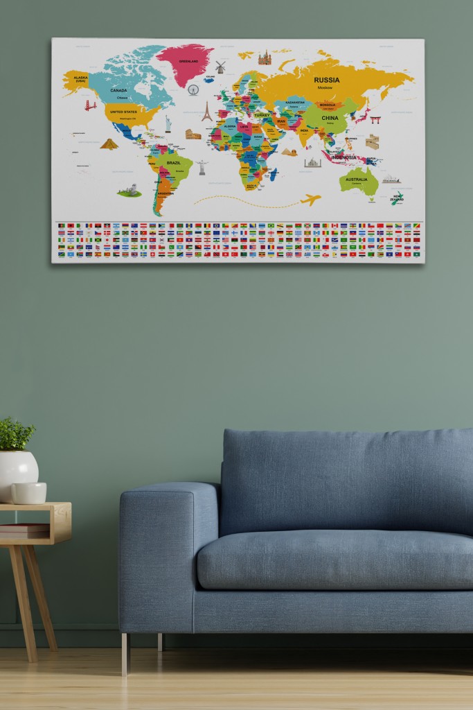 Dünya Haritası Ülke Bayraklı Ve Başkentli Kanvas Tablo 1949 Karışık 125 X 70