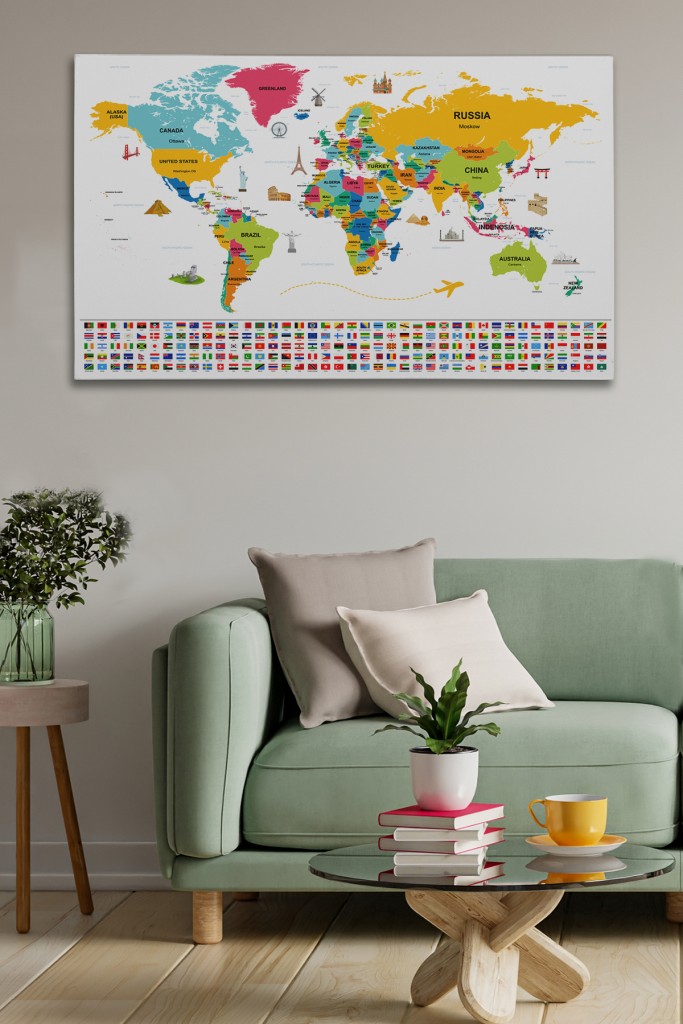 Dünya Haritası Ülke Bayraklı Ve Başkentli Kanvas Tablo 1951 Karışık 150 X 85