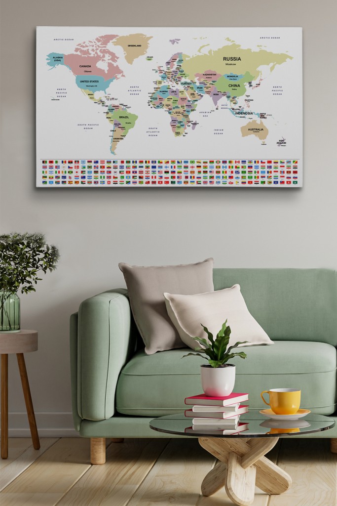  Dünya Haritası Ülke Bayraklı Ve Dekoratif Kanvas Tablo 2385 Karışık 95 X 55