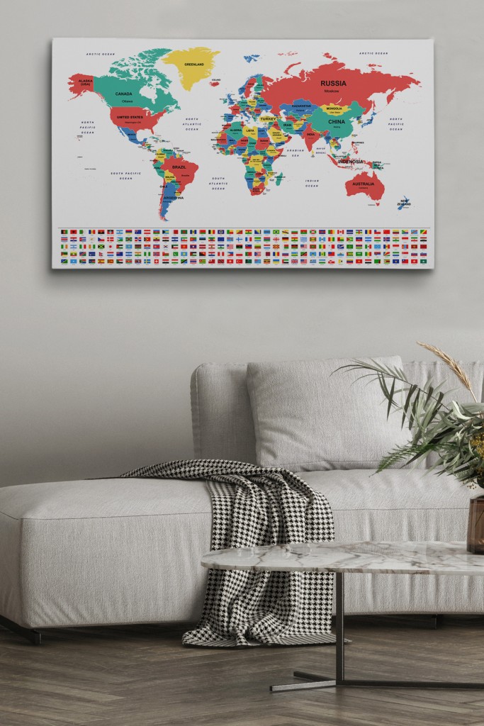  Dünya Haritası Ülke Bayraklı Ve Dekoratif Kanvas Tablo 2393 Karışık 125 X 70