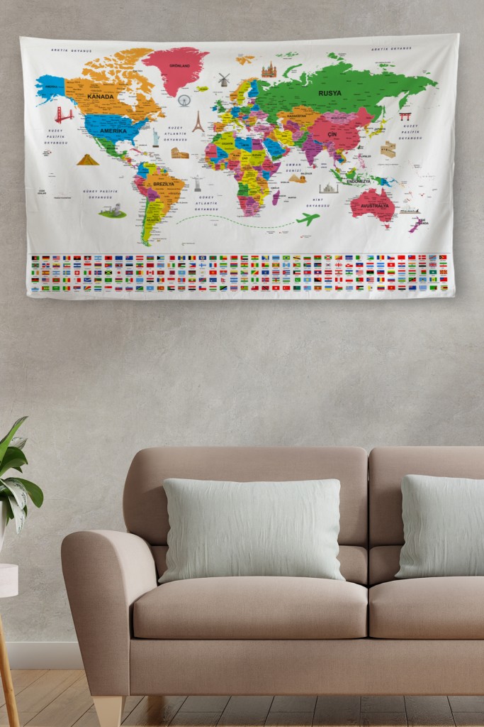 Duvar Örtüsü  Bayrak Detaylı Türkçe Güncel Dünya Haritası Kanvas Duvar Halısı Beyaz 
