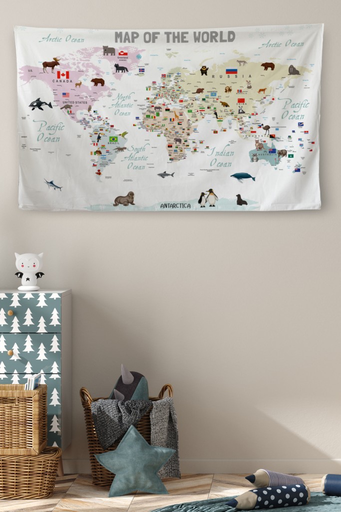 Duvar Örtüsü Çocuk Odası  Dünya Haritası Kaliteli Kanvas Duvar Halısı Beyaz 