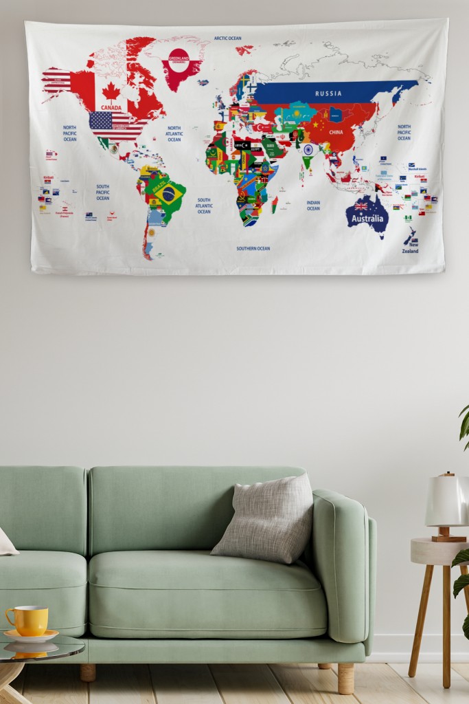 Duvar Örtüsü Dünya Haritası Kaliteli Kanvas Duvar Halısı Beyaz 