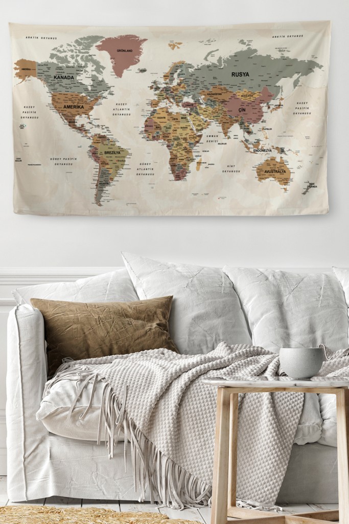 Duvar Örtüsü / Halısı Detaylı Güncel Türkçe Pastel Dünya Haritası   Kahverengi̇ 