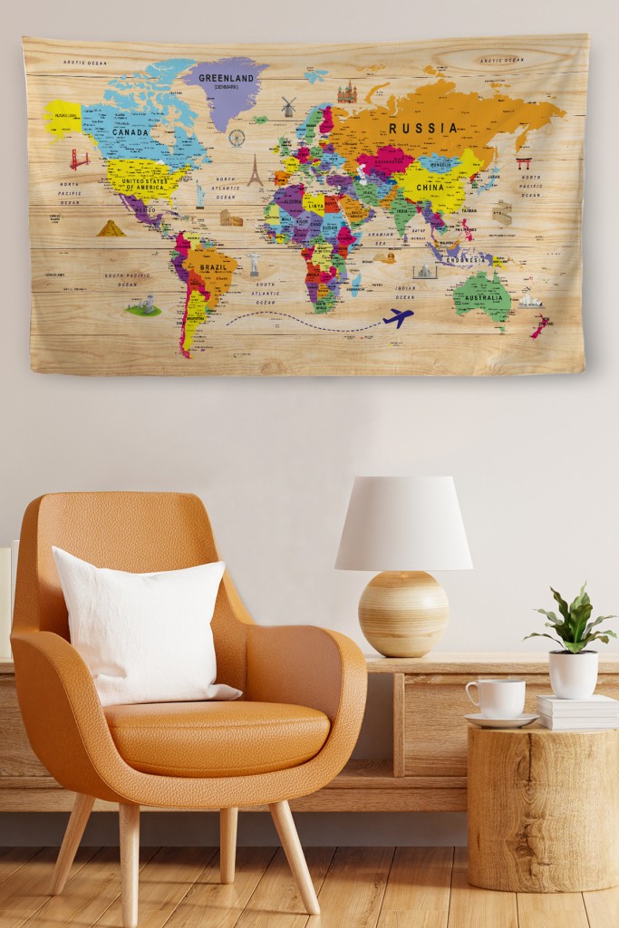Duvar Örtüsü / Halısı Güncel İngilizce  Dünya Haritası Ahşap Görünümlü Yeşi̇l 