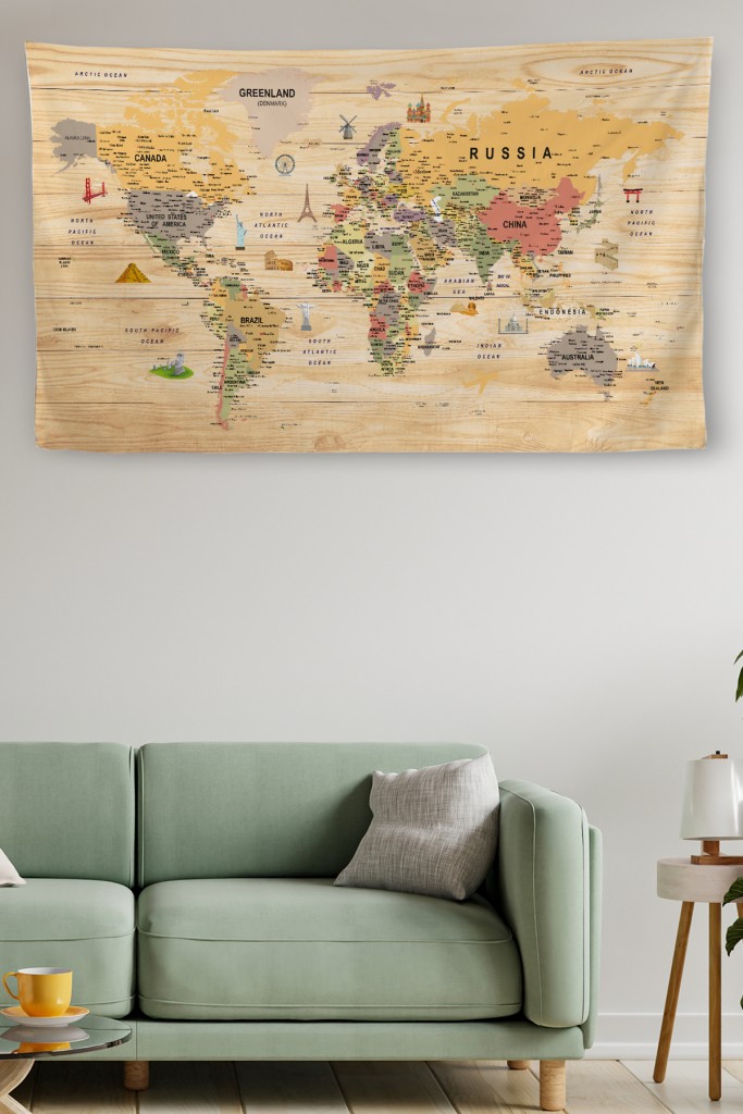 Duvar Örtüsü / Halısı Güncel İngilizce Pastel Dünya Haritası Ahşap Görünümlü Kahverengi̇ 