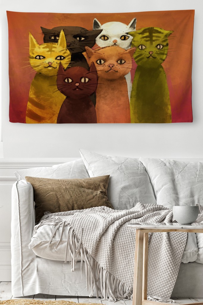 Duvar Örtüsü Renkli Sevimli Kediler Kaliteli Kanvas Duvar Halısı Kahverengi̇ 