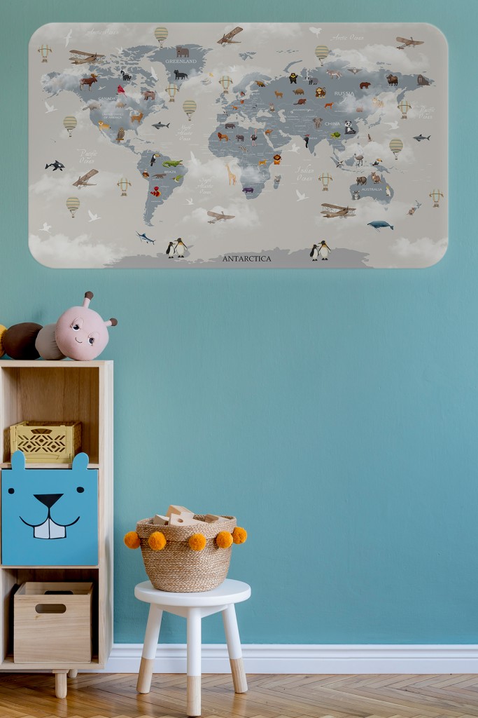 Eğitici Dünya Haritası Dünya Atlası Çocuk Ve Bebek Odası Duvar Sticker  Gri 