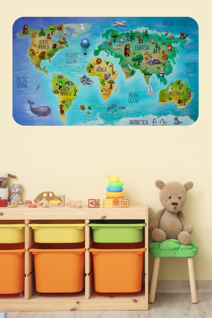 Eğitici Dünya Haritası Dünya Atlası Çocuk Ve Bebek Odası Duvar Sticker  Karışık 