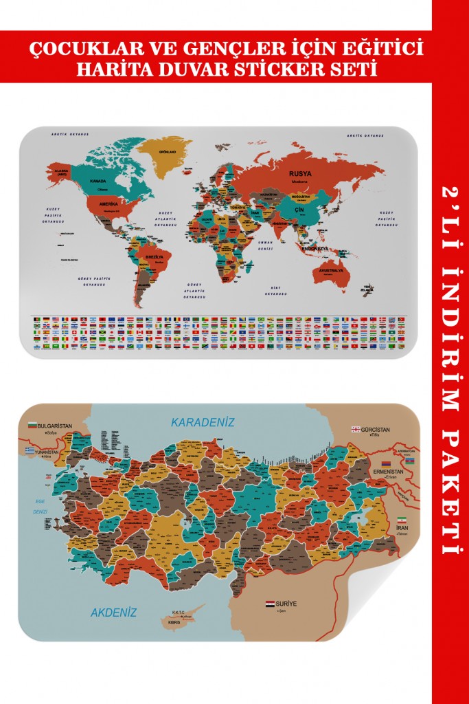  Eğitici - Öğretici Dünya Ve Türkiye Haritası Çocuk Odası Duvar Sticker I 3886 Karışık 