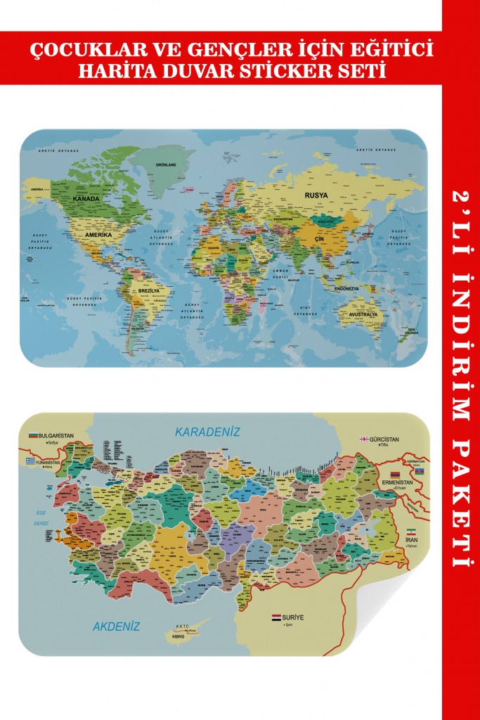  Eğitici - Öğretici Dünya Ve Türkiye Haritası Çocuk Odası Duvar Sticker I 3888 Karışık 