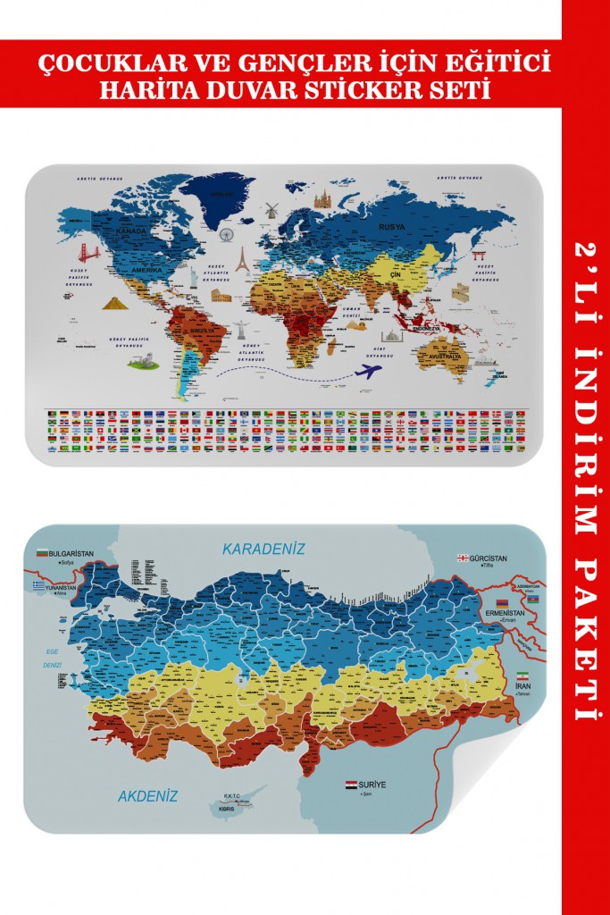  Eğitici - Öğretici Dünya Ve Türkiye Haritası Çocuk Odası Duvar Sticker I 3891 Karışık 