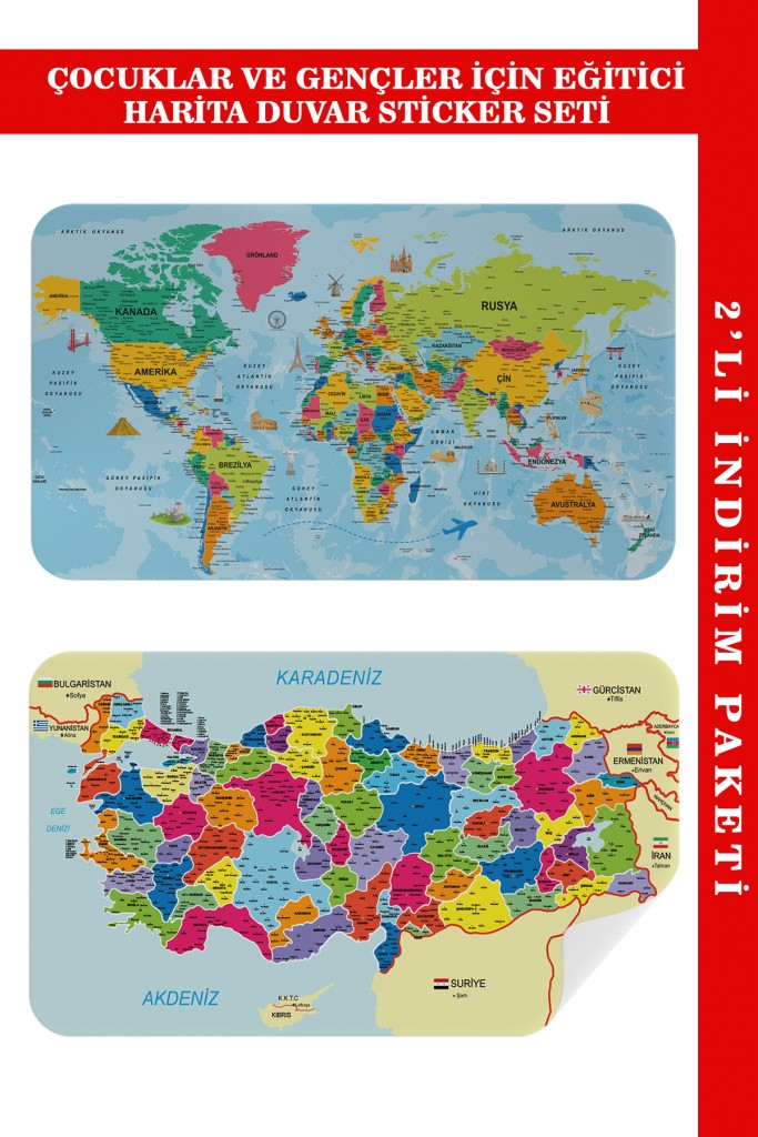 Eğitici Ve Öğretici Dünya Ve Türkiye Haritası Çocuk Odası Duvar Sticker 3882 Karışık Tek Ebat