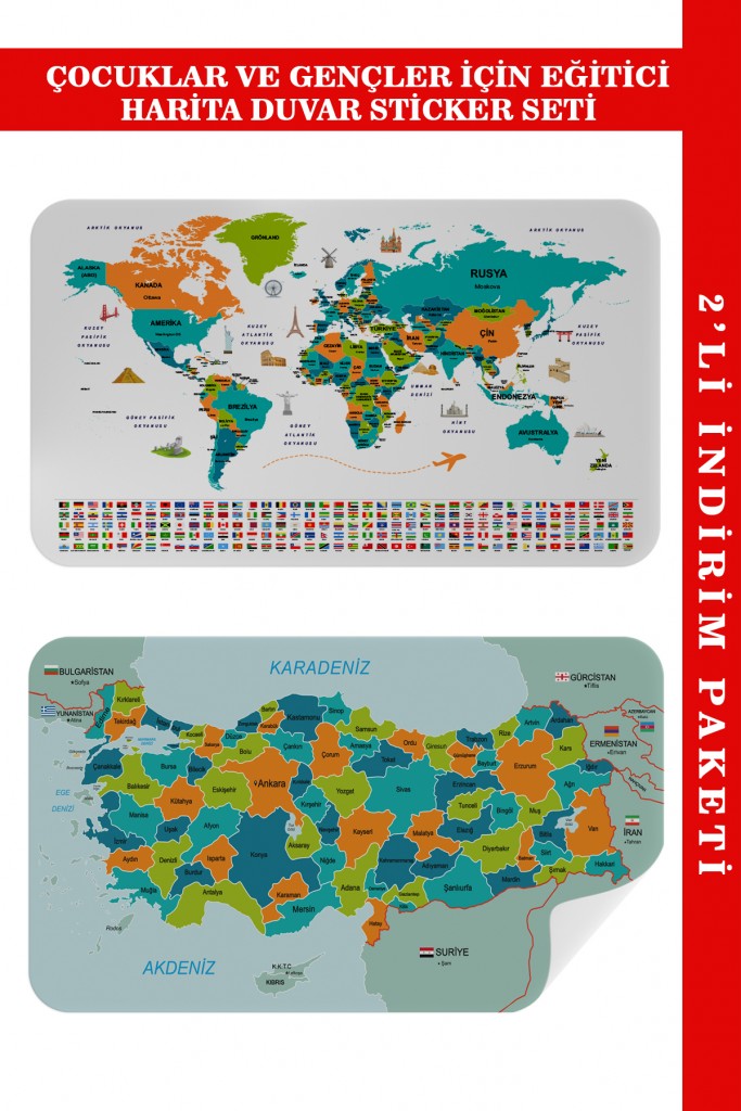 Harita Sepeti Eğitici - Öğretici Dünya Ve Türkiye Haritası Çocuk Odası Duvar Sticker  Beyaz 