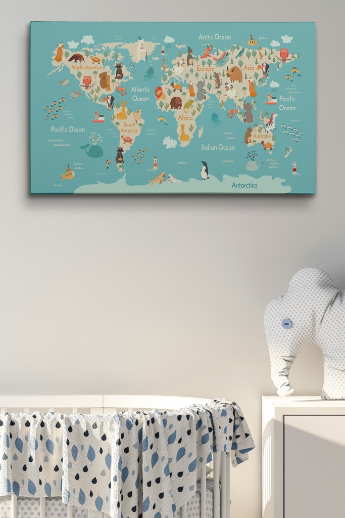 Hayvanlar Alemi Çocuk Odası Dünya Haritası Kanvas Tablo 1013 Karışık 125 X 70
