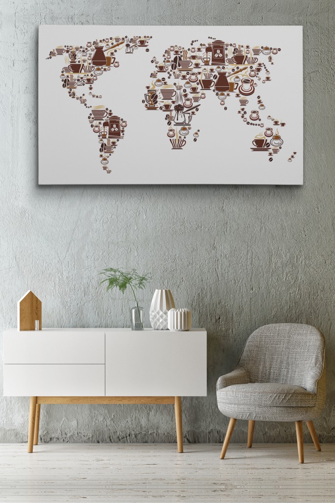 Kahve Coffee Temalı Dünya Haritası  Dekoratif Kanvas Tablo 1087 Karışık 125 X 70
