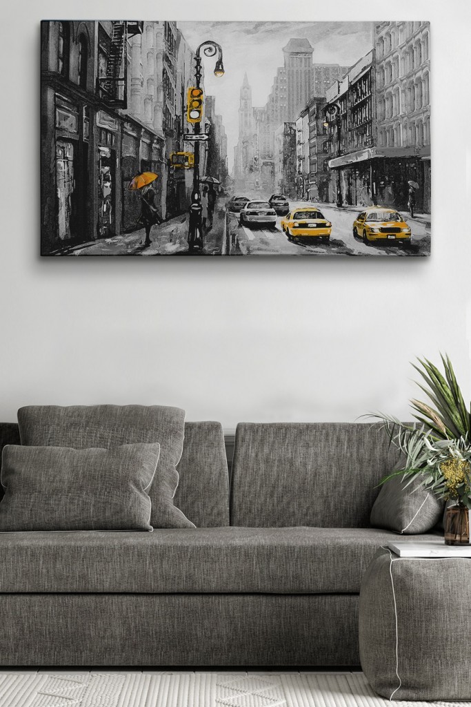 New York Sokakları Ve Sarı Taksi Yağlıboya Görünüm Kanvas Tablo Karışık 95 X 55